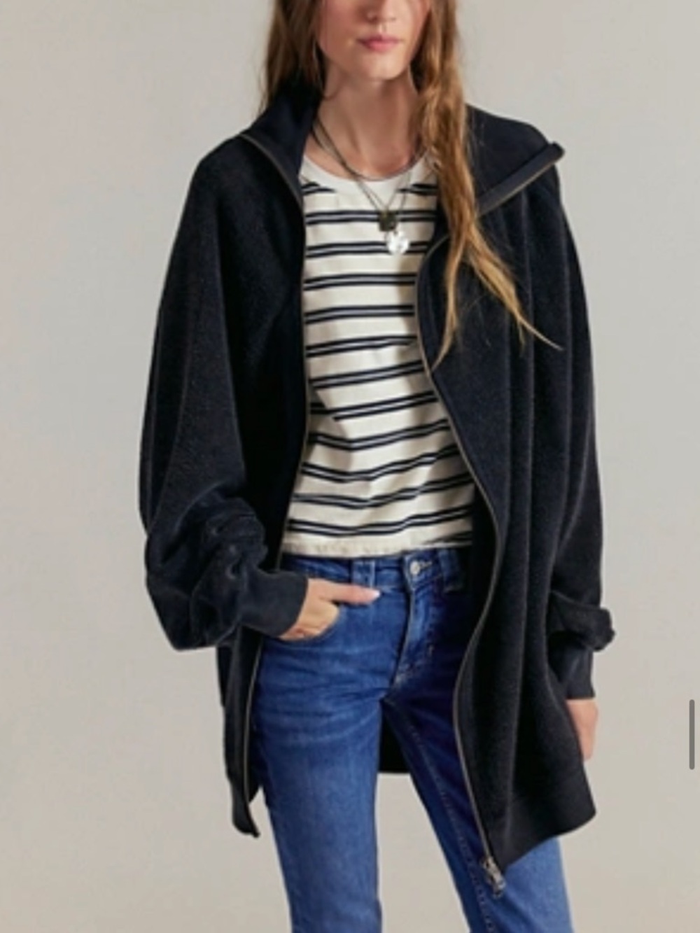 Free People Black Zip Front Oversized Hoodie